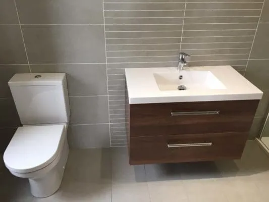 mordern toilet and sink with dark wood drawers